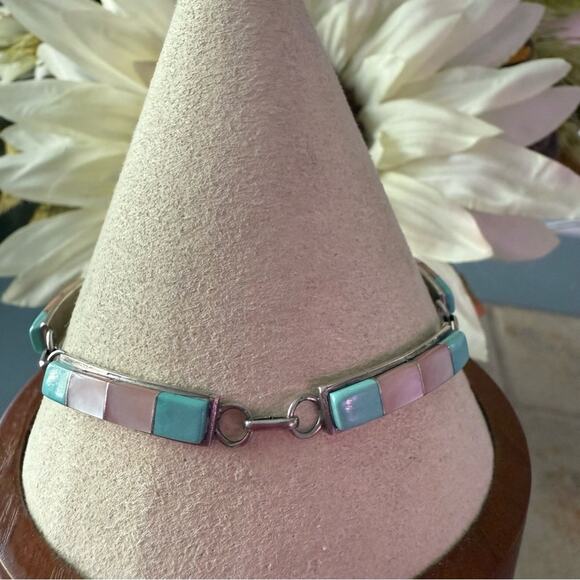 925 Sterling Silver Mother of Pearl & Turquoise Linked Bar Bracelet - Picture 5 of 11
